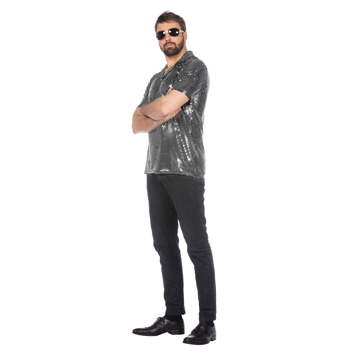 Op deze afbeelding zie je een Kostuums, van het merk Wilbers. Shirt Metallic Disco Bal Zilver Man