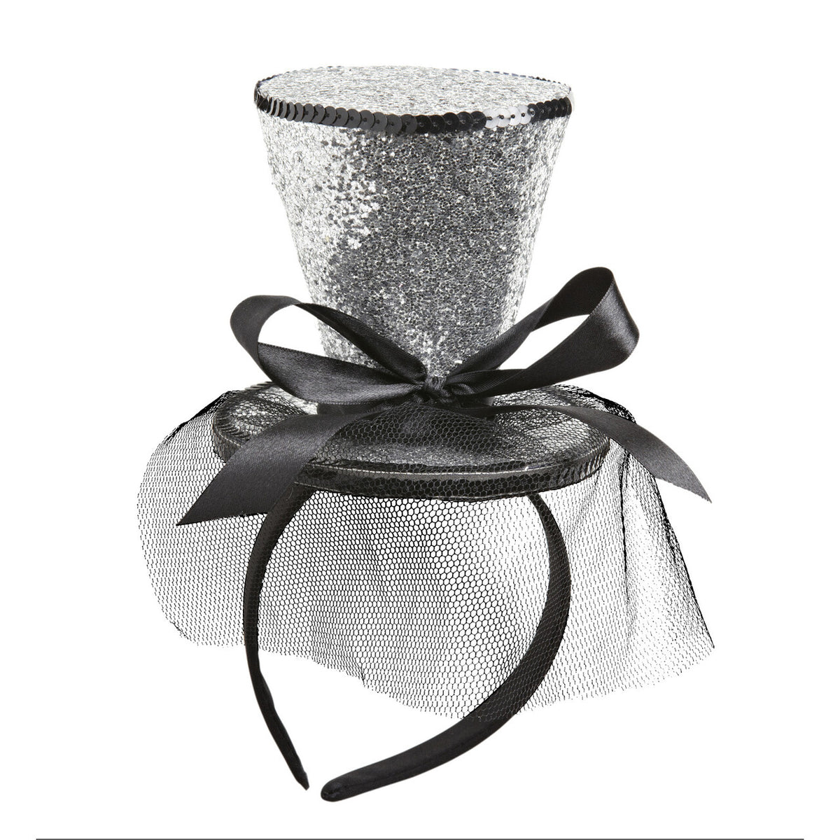 Op deze afbeelding zie je een Accessoires, van het merk Widmann. Zilveren Glitter Mini Hoge Hoed Met Sluier