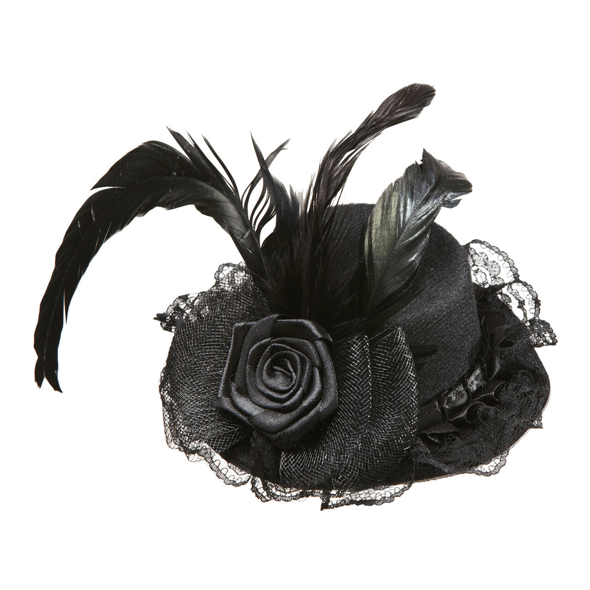 Op deze afbeelding zie je een Accessoires, van het merk Widmann. Minihoedje Zwart Met Bloem Tule En Veren