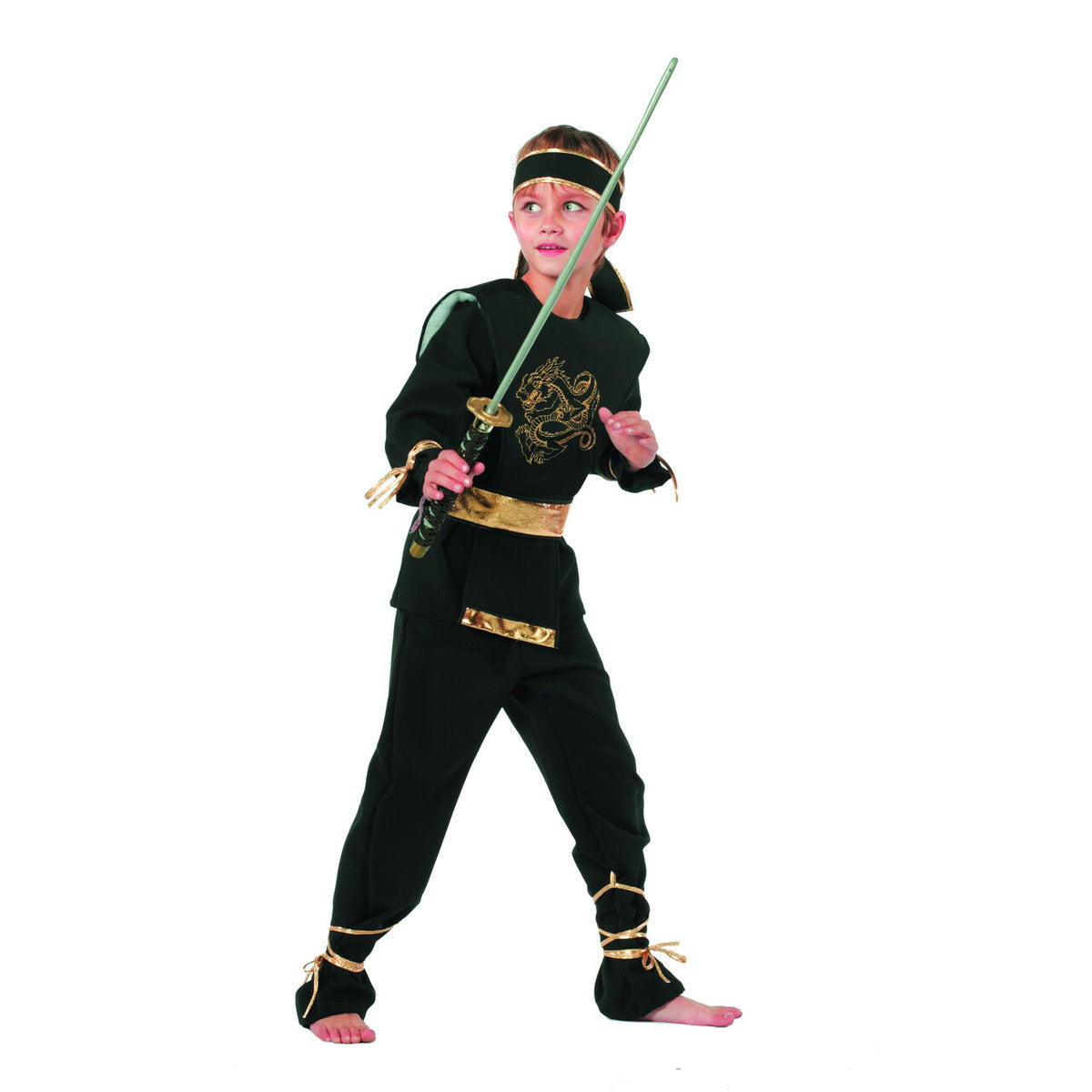 Op deze afbeelding zie je een Kostuums, van het merk Wilbers. High Kick Goud Zwarte Ninja Dragon Jongen Kostuum