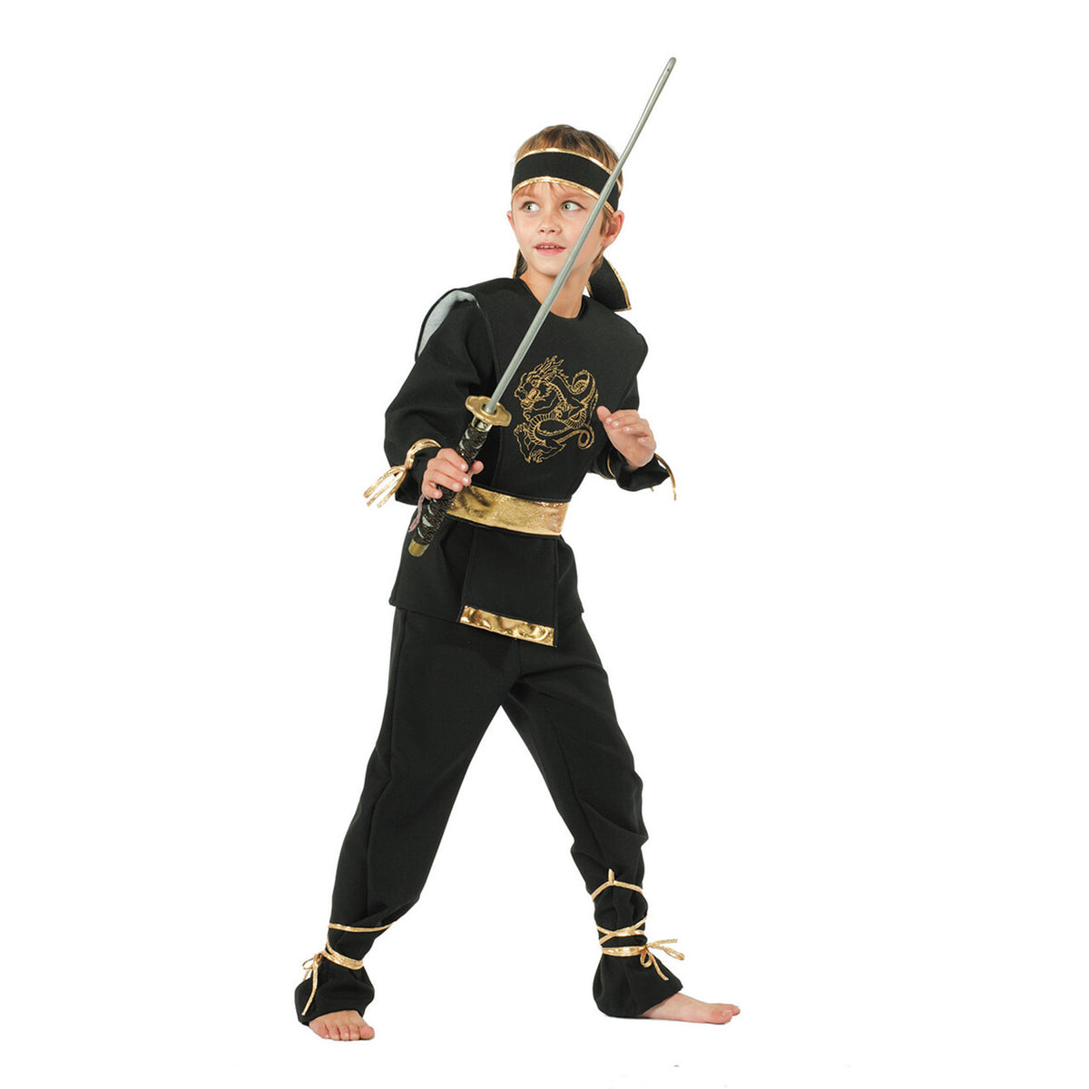 Op deze afbeelding zie je een Kostuums, van het merk Wilbers. High Kick Goud Zwarte Ninja Dragon Jongen Kostuum