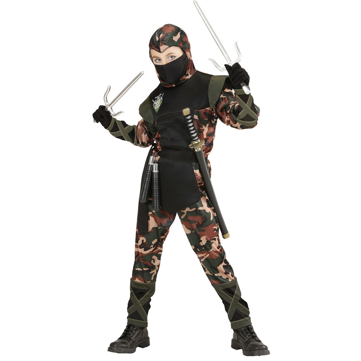 Op deze afbeelding zie je een Kostuums, van het merk Widmann. Ninja Soldaat Camouflage Jongen Kostuum