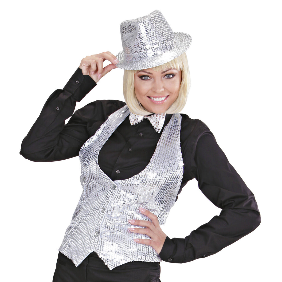 Op deze afbeelding zie je een Kostuums, van het merk Widmann. Dames Pailletten Vest Zilver Vrouw