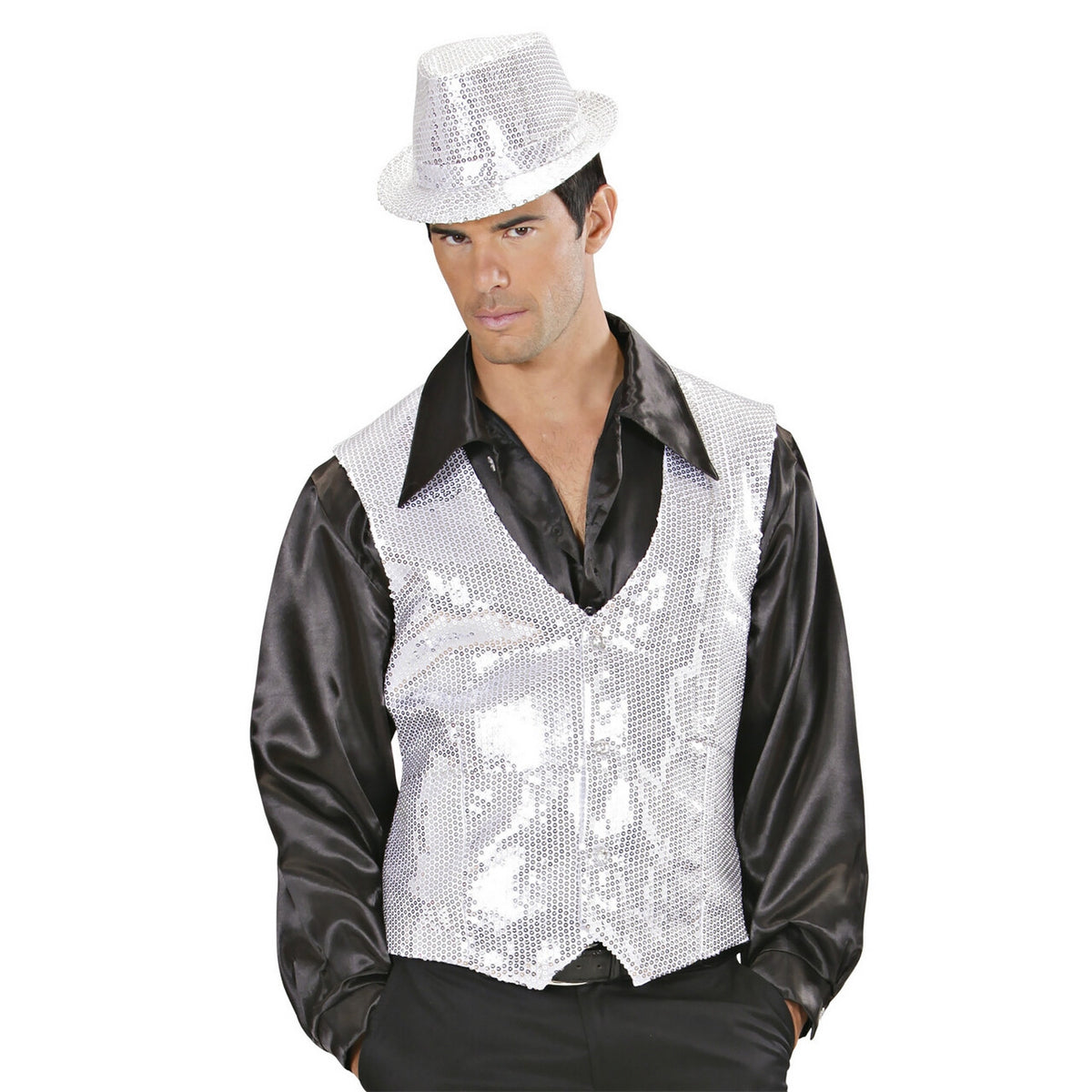 Op deze afbeelding zie je een Kostuums, van het merk Widmann. Showmaster Pailletten Vest Zilver Man