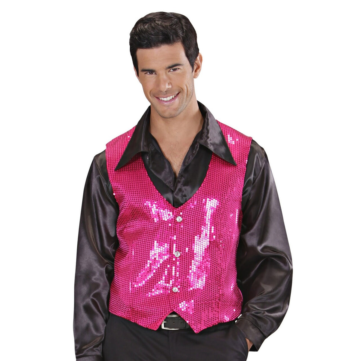 Op deze afbeelding zie je een Kostuums, van het merk Widmann. Showmaster Pailletten Vest Roze Man
