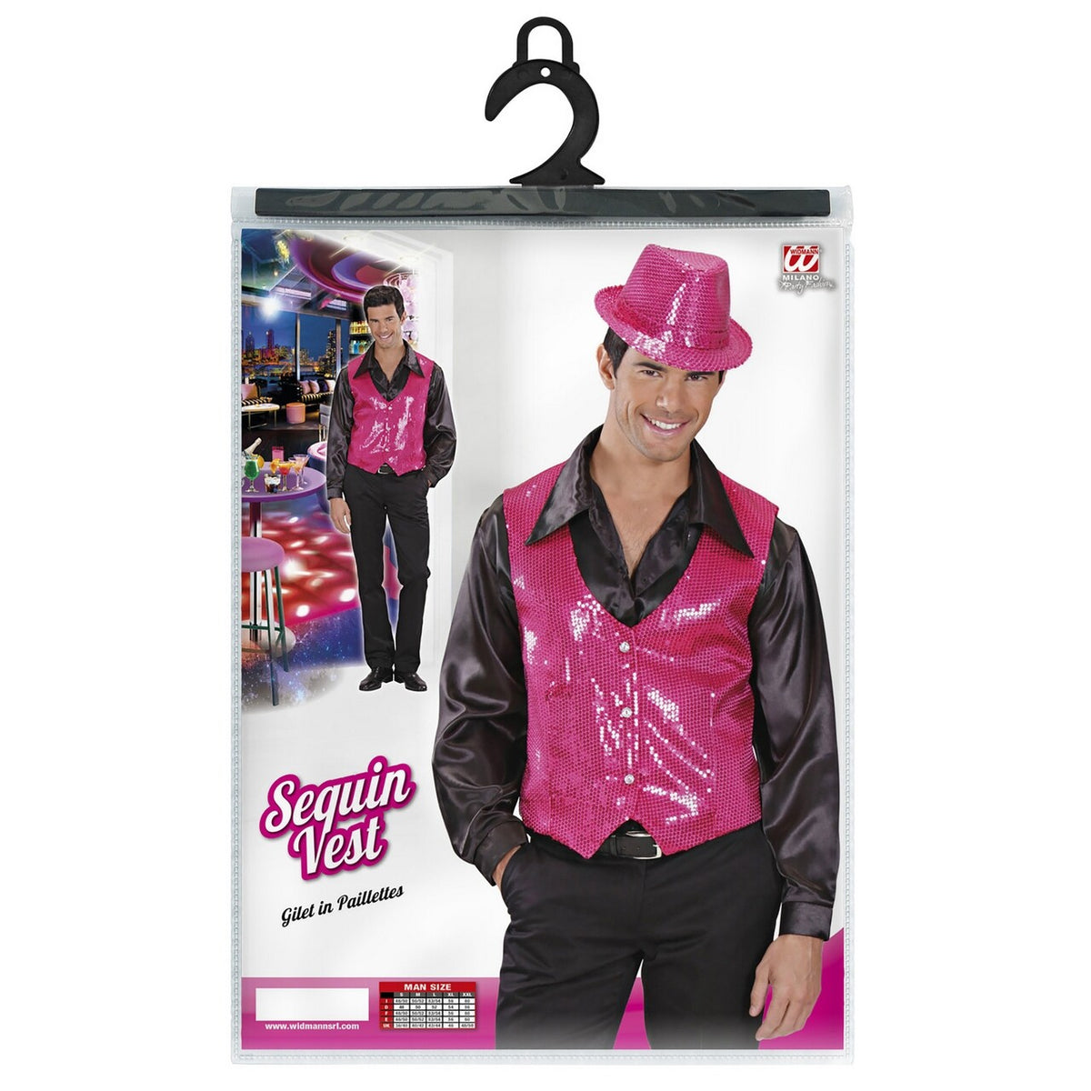 Op deze afbeelding zie je een Kostuums, van het merk Widmann. Showmaster Pailletten Vest Roze Man