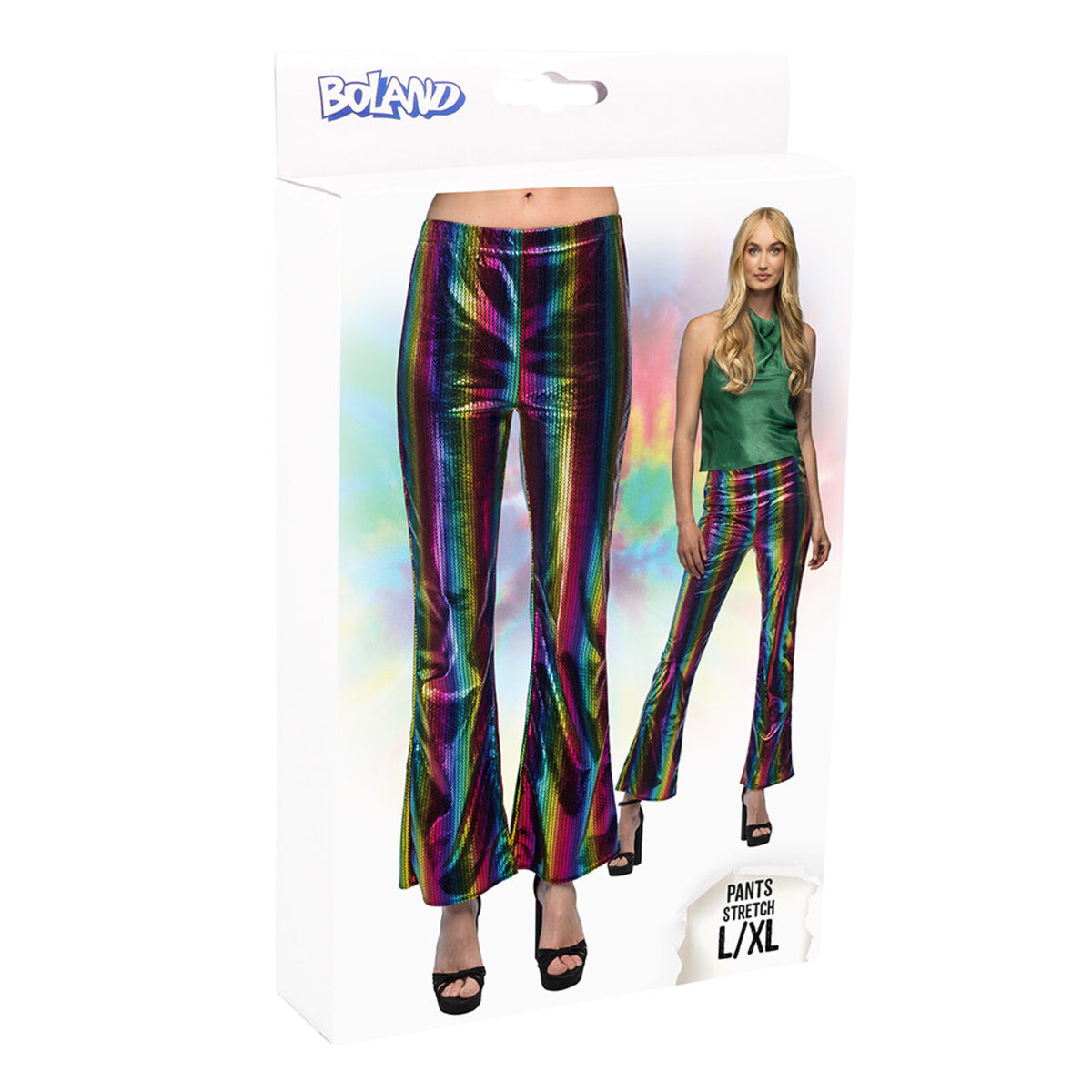 Op deze afbeelding zie je een Kostuums, van het merk Boland. Wijde Pijpen Broek Metallic Rainbow Vrouw
