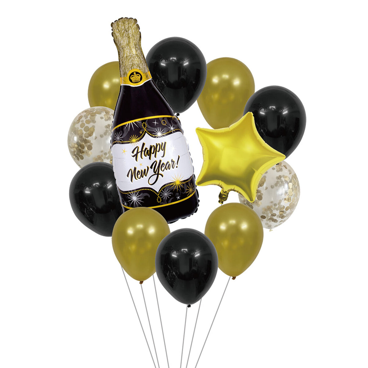 Op deze afbeelding zie je een Decoratie, van het merk Boland. Ballonnenset Happy New Year Goud / Zwart