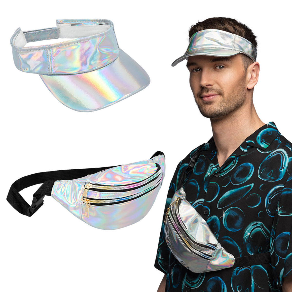 Op deze afbeelding zie je een Accessoires, van het merk Boland. Set Holo Festival Zilver (Zonneklep En Heuptasje)