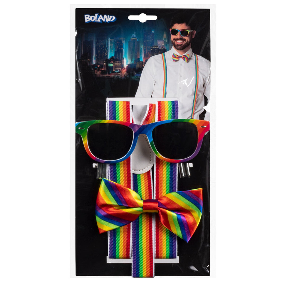 Op deze afbeelding zie je een Accessoires, van het merk Boland. Gentleman Party Set Regenboog (Partybril, Vlinderstrik En Bretels)