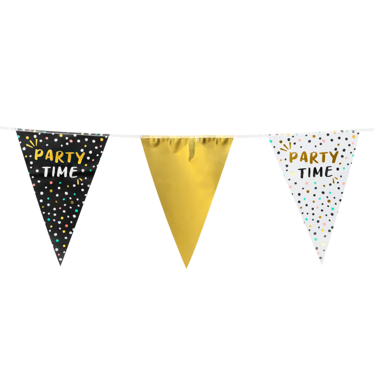 Op deze afbeelding zie je een Decoratie, van het merk Boland. Folie Vlaggenlijn Party Time Zwart Goud Wit