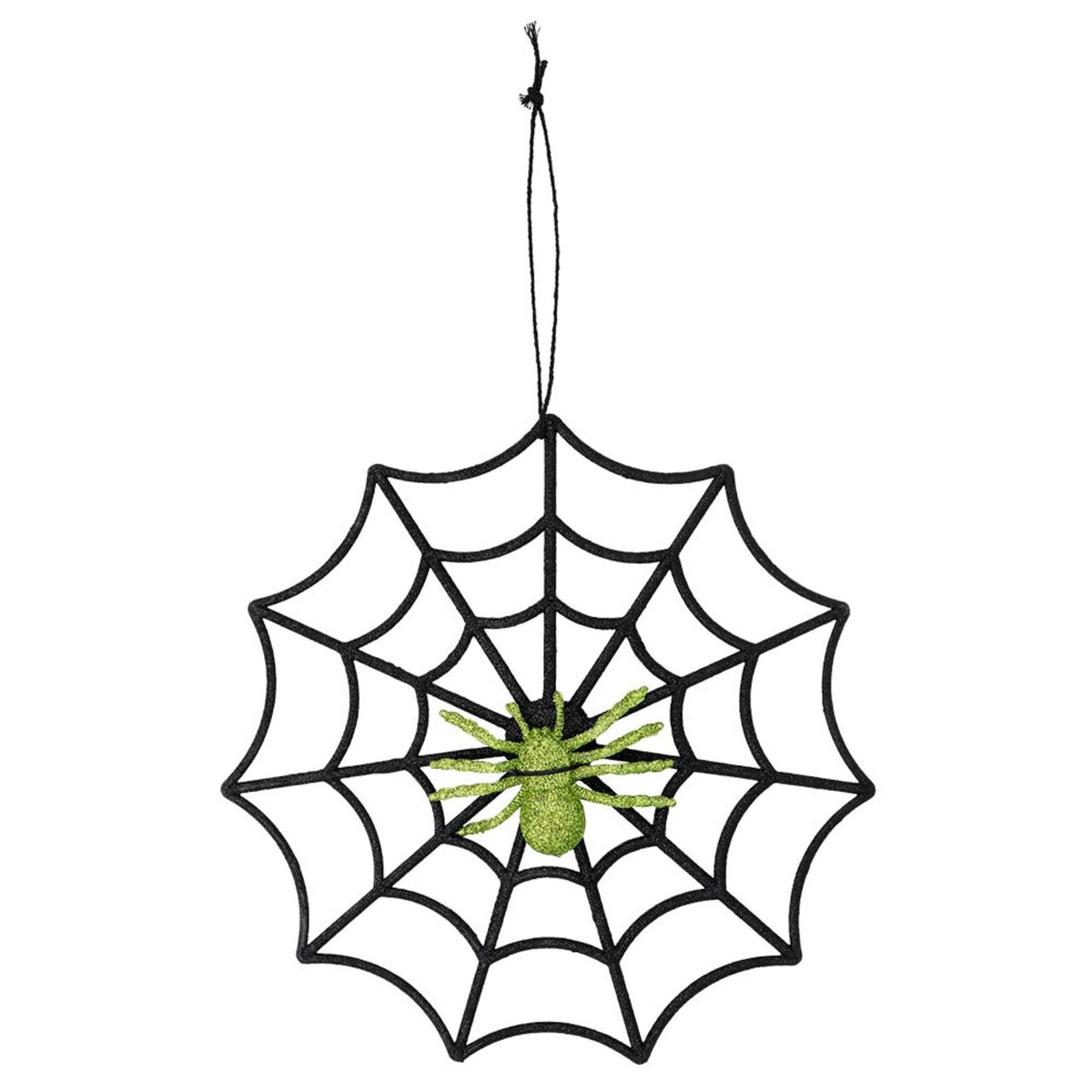 Op deze afbeelding zie je een Decoratie, van het merk Boland. Spinnenweb Met Groene Glitterspin