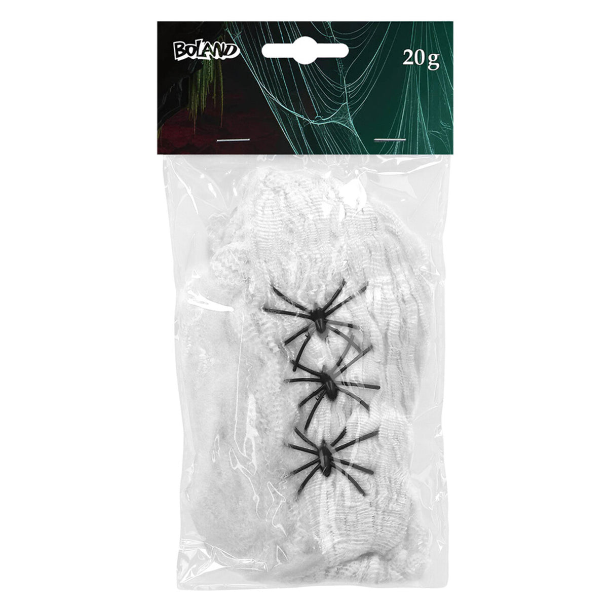 Op deze afbeelding zie je een Decoratie, van het merk Boland. Spinrag 20 G Wit Met 3 Spinnen