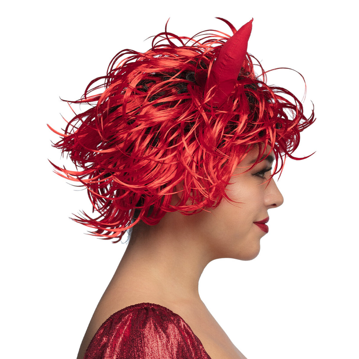 Op deze afbeelding zie je een Accessoires, van het merk Boland. Pruik Curly Devil Met Hoorntjes