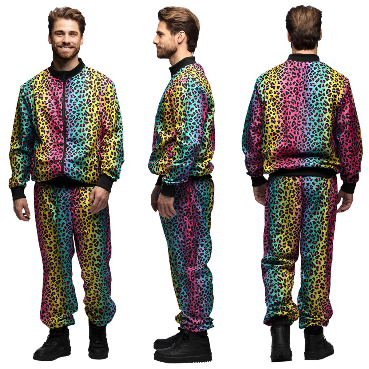 Op deze afbeelding zie je een Kostuums, van het merk Boland. Trainingspak Regenboogpanter Dude Man Kostuum