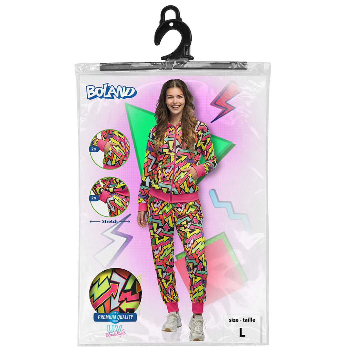Op deze afbeelding zie je een Kostuums, van het merk Boland. Trainingspak 90s Street Art Blacklight Vrouw Kostuum