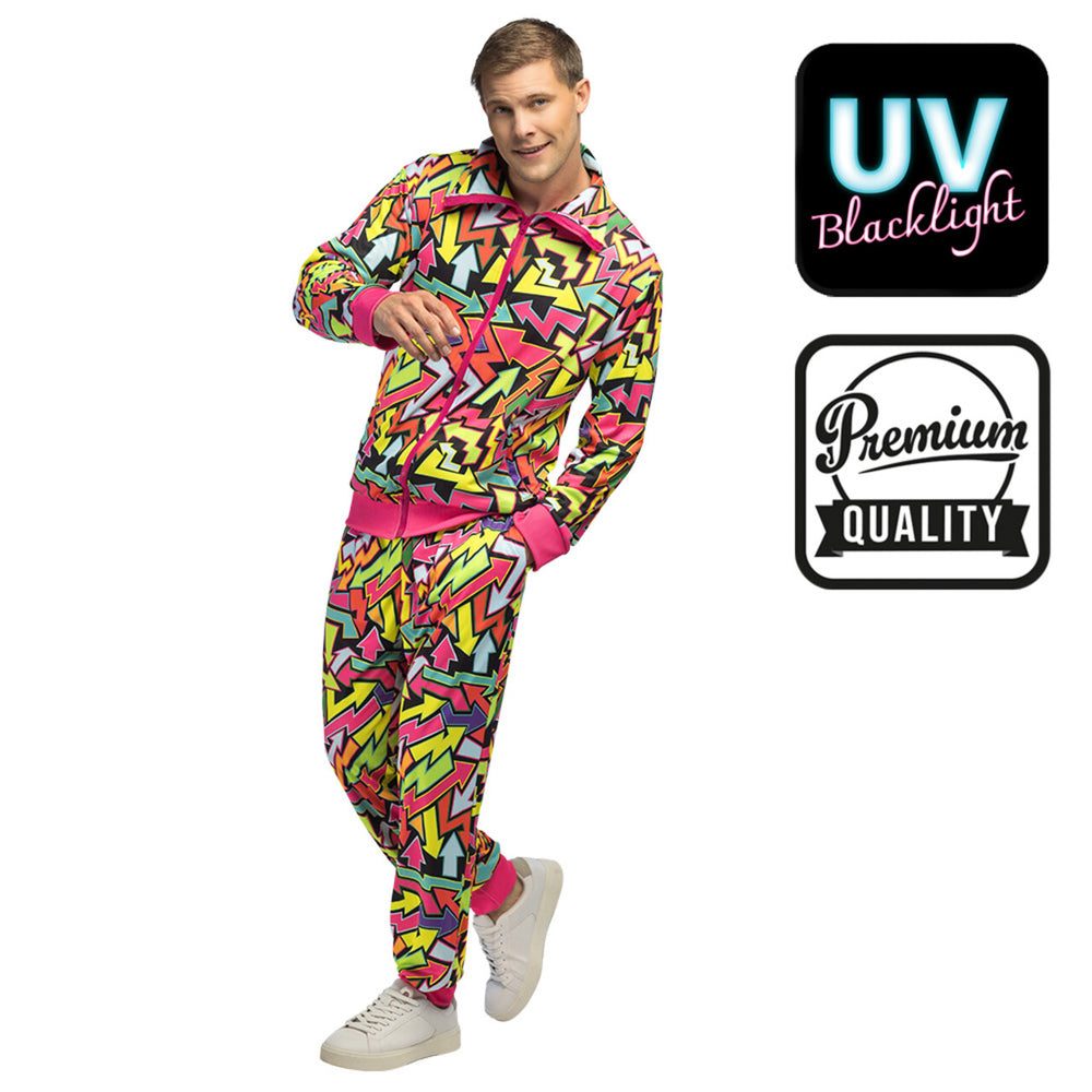 Op deze afbeelding zie je een Kostuums, van het merk Boland. Trainingspak 90s Street Artist Blacklight Man Kostuum