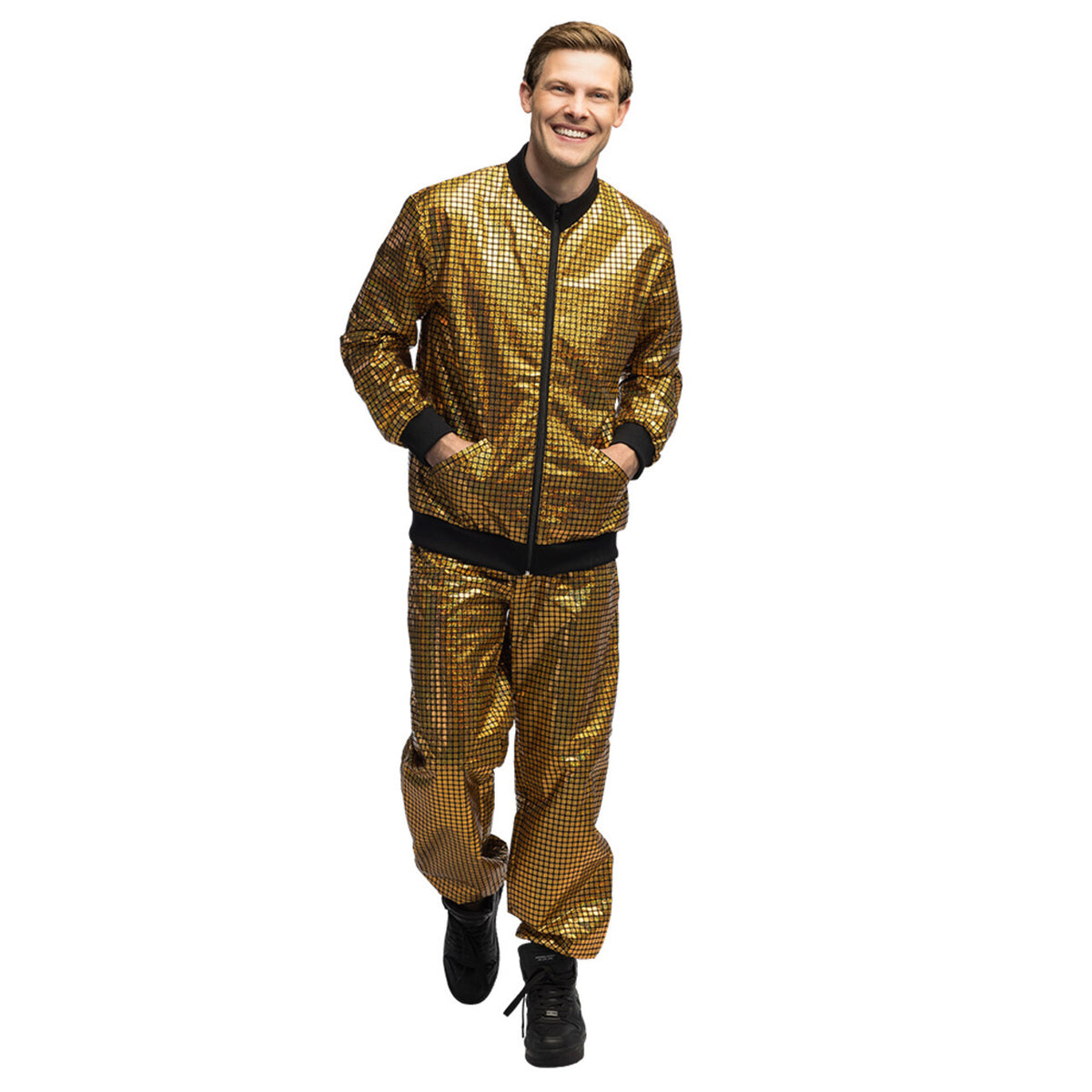Op deze afbeelding zie je een Kostuums, van het merk Boland. Trainingspak Disco Diamond Dude Goud Man Kostuum