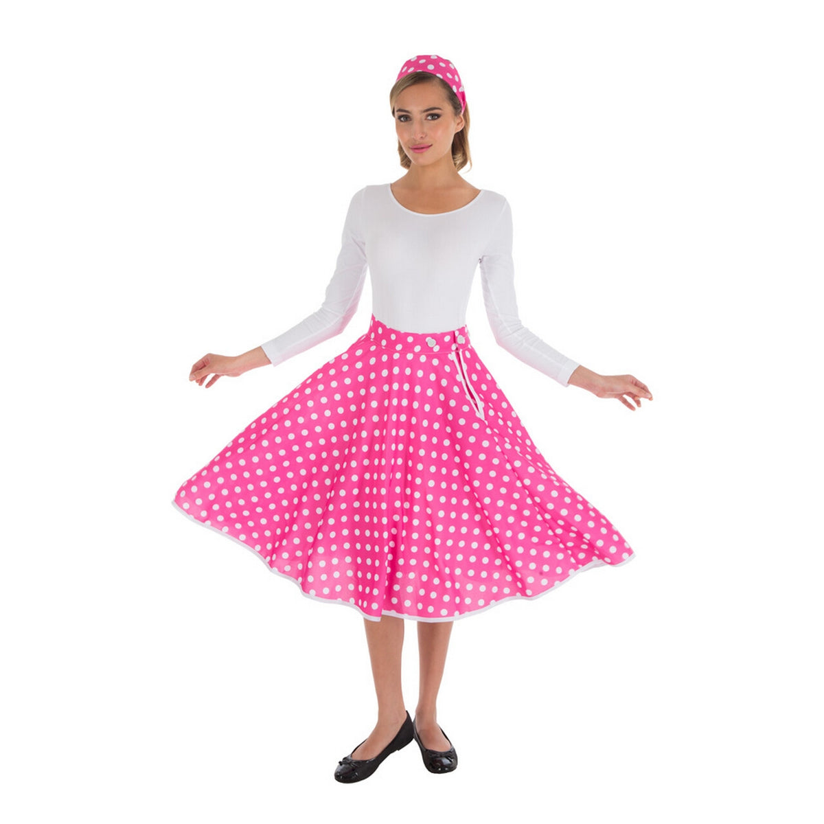 Op deze afbeelding zie je een Kostuums, van het merk Chaks. Rock N Roll Dolly Dot Rok En Hoofdband Roze Vrouw