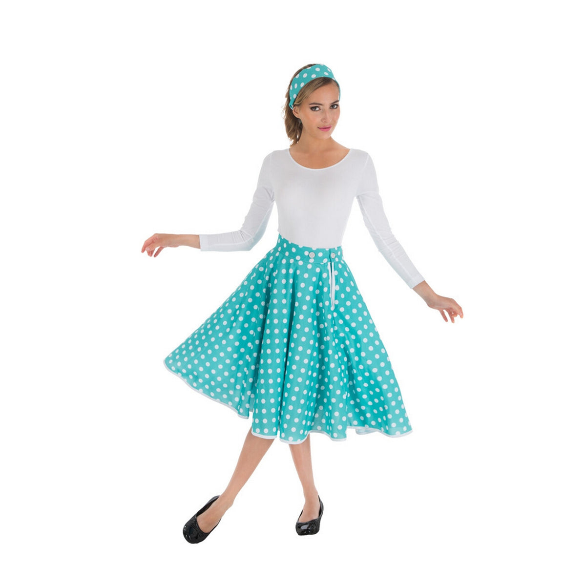 Op deze afbeelding zie je een Kostuums, van het merk Chaks. Rock N Roll Stella Stip Rok En Hoofdband Turquoise Vrouw