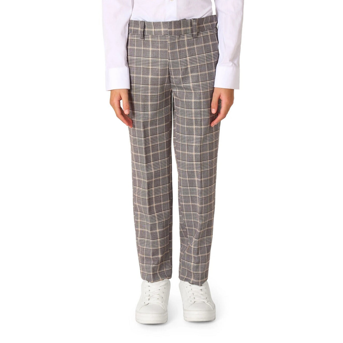 Op deze afbeelding zie je een Kostuums, van het merk Opposuits. Daily Checked Tan Jongen Kostuum