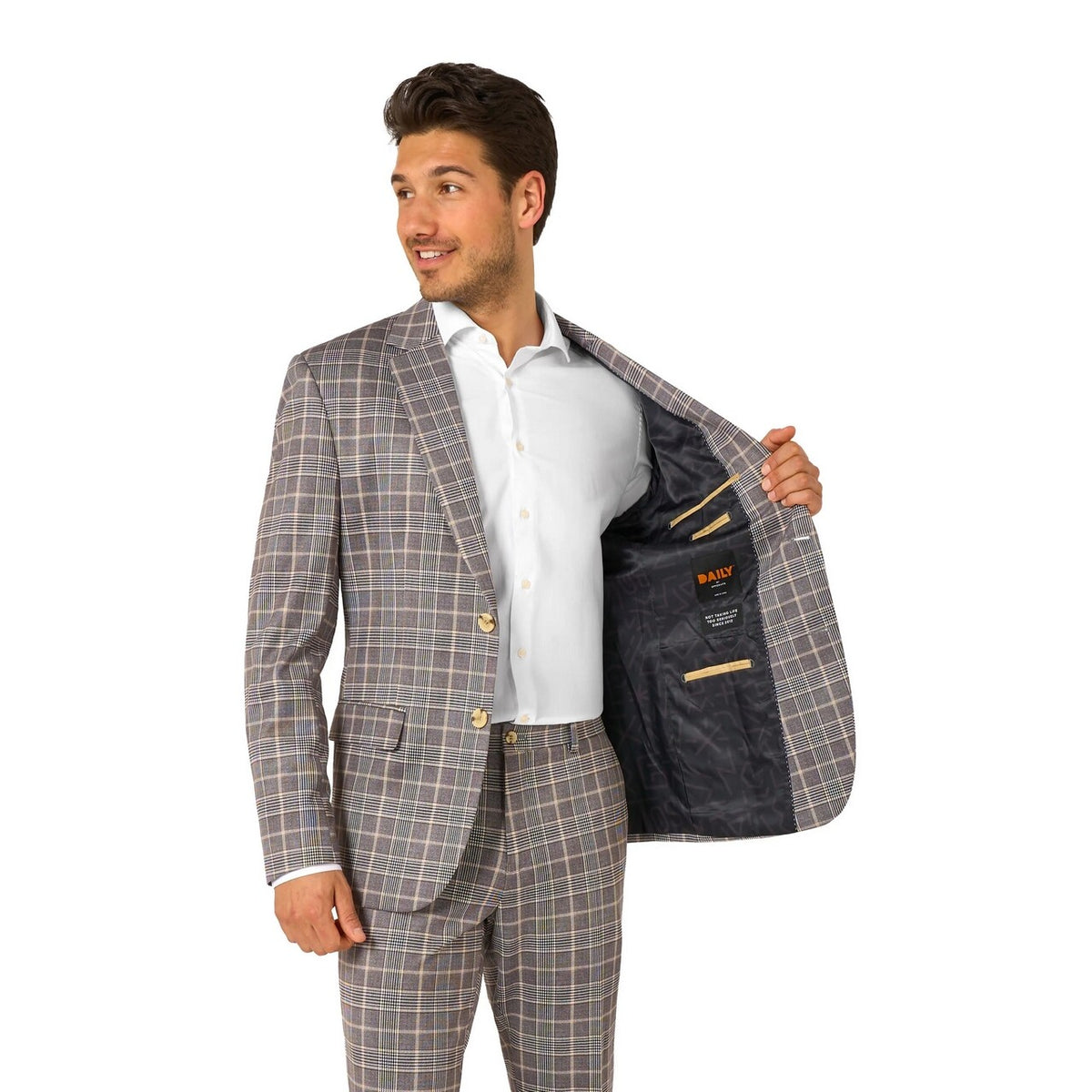 Op deze afbeelding zie je een Kostuums, van het merk Opposuits. Daily Checked Tan Man Kostuum