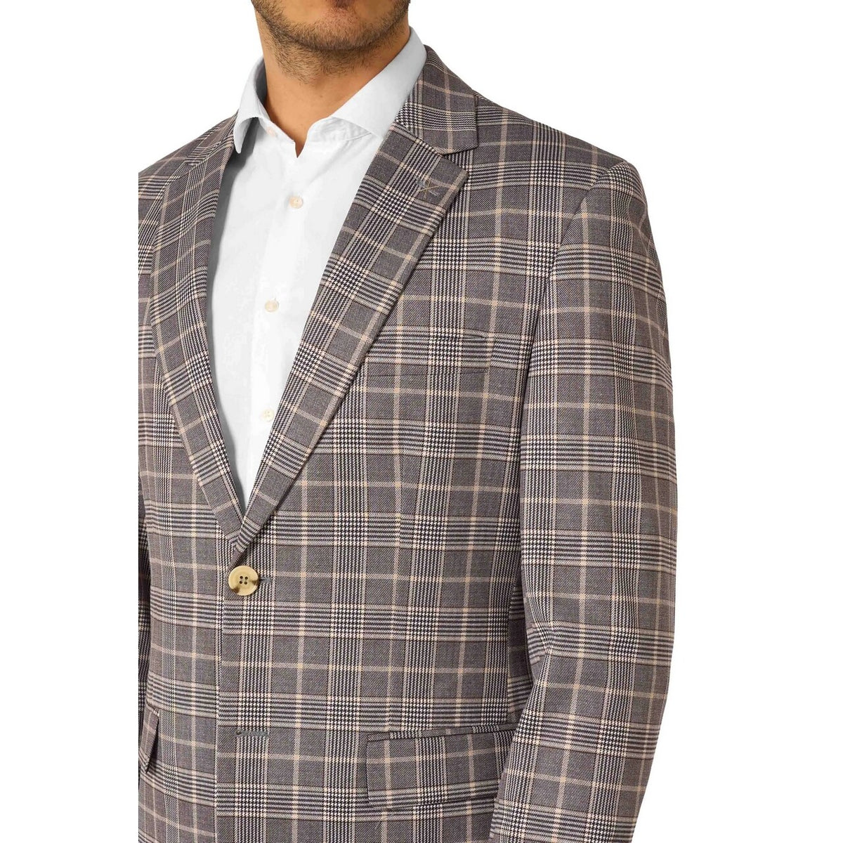 Op deze afbeelding zie je een Kostuums, van het merk Opposuits. Daily Checked Tan Man Kostuum