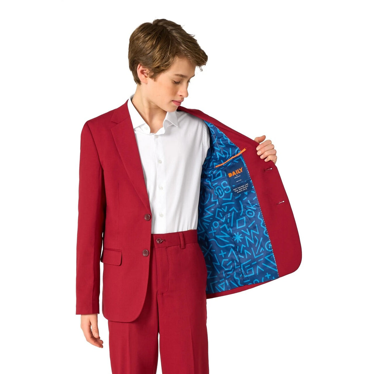 Op deze afbeelding zie je een Kostuums, van het merk Opposuits. Daily Bright Burgundy Tiener Jongen Kostuum