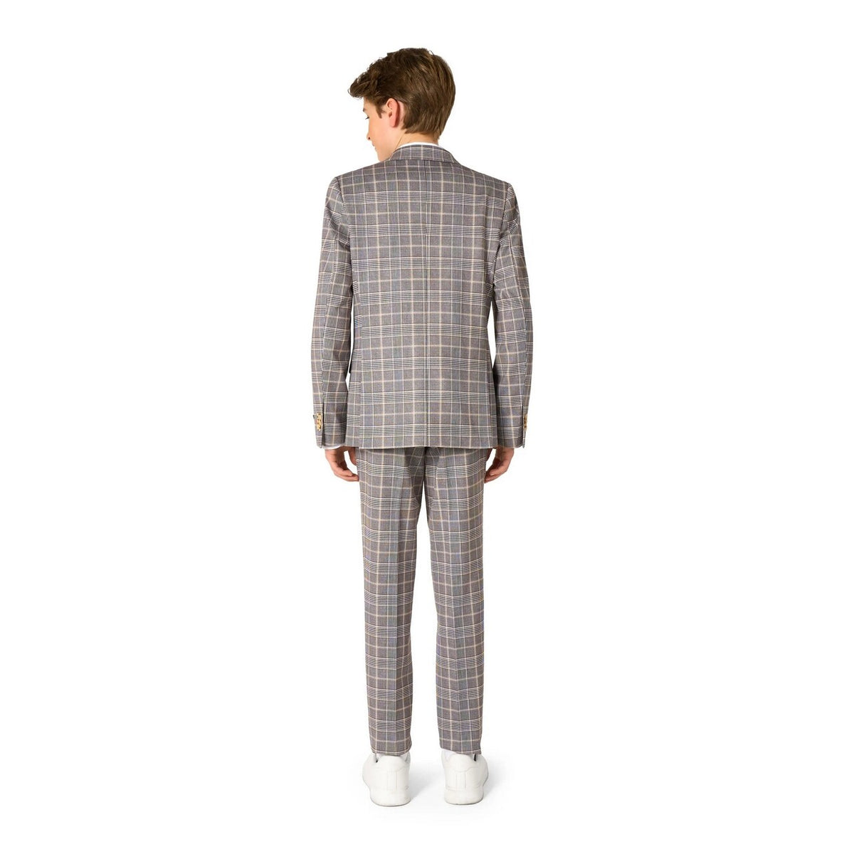 Op deze afbeelding zie je een Kostuums, van het merk Opposuits. Daily Checked Tan Tiener Jongen Kostuum