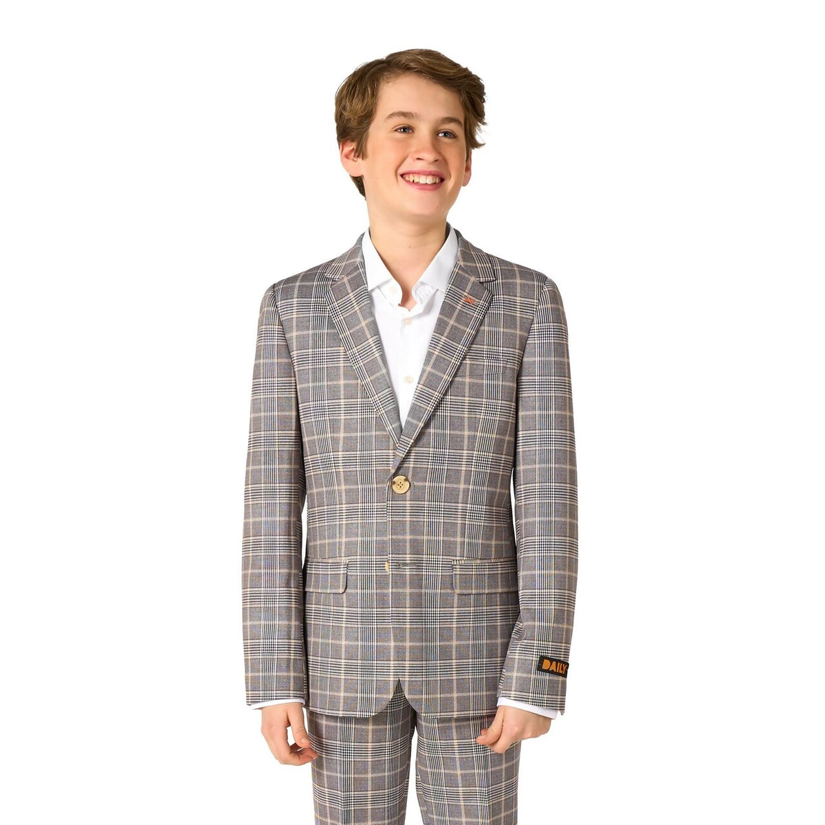 Op deze afbeelding zie je een Kostuums, van het merk Opposuits. Daily Checked Tan Tiener Jongen Kostuum