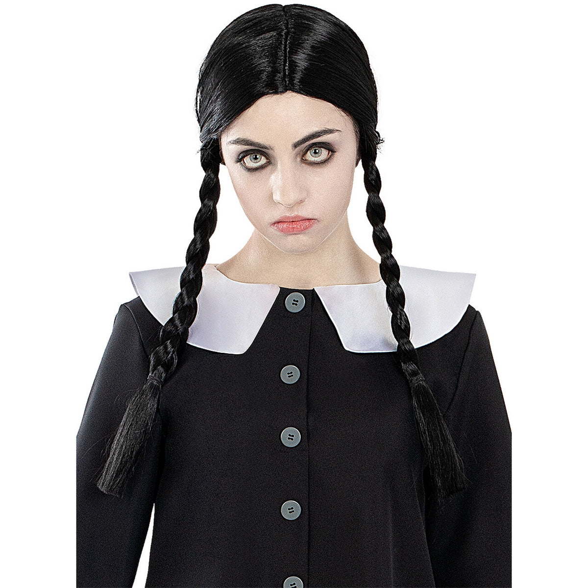 Op deze afbeelding zie je een Accessoires, van het merk Funidelia. Zwarte Pruik Met Vlechten Wednesday