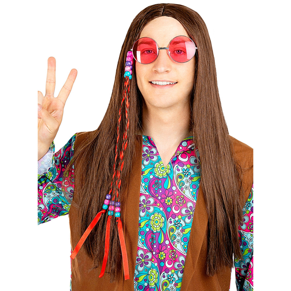 Op deze afbeelding zie je een Accessoires, van het merk Funidelia. Bruine Lange Hippie Pruik Johnny