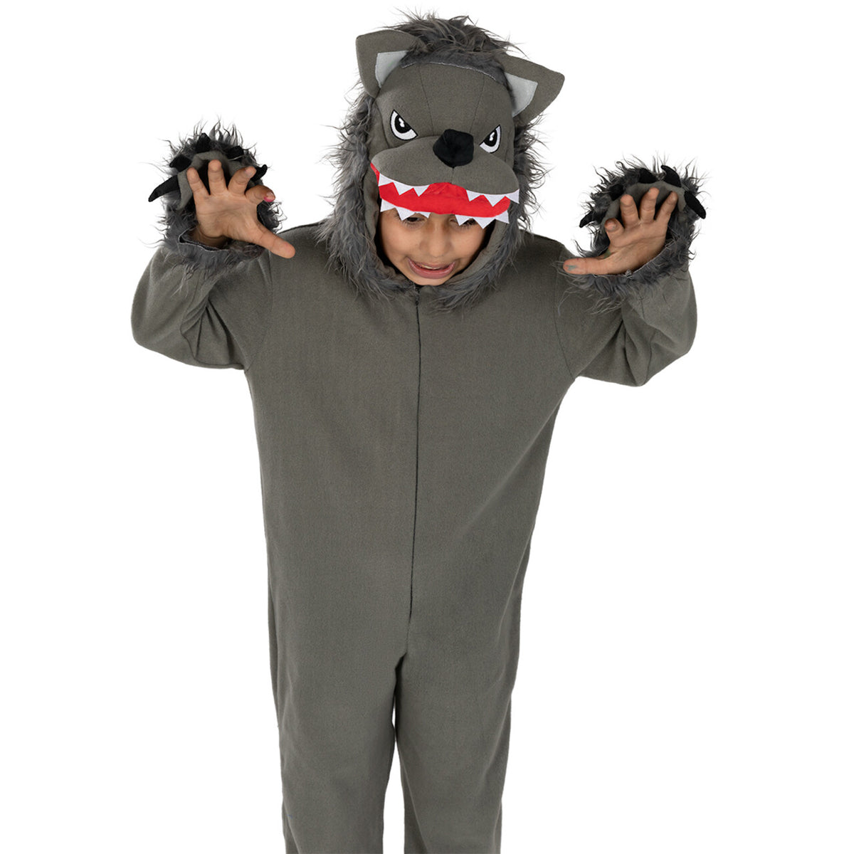 Op deze afbeelding zie je een Kostuums, van het merk Funidelia. De Kleine Grijze Wolf Kind Kostuum