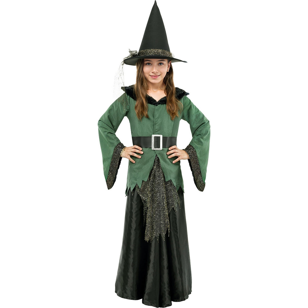 Op deze afbeelding zie je een Kostuums, van het merk Funidelia. Heks Greenda Meisje Kostuum