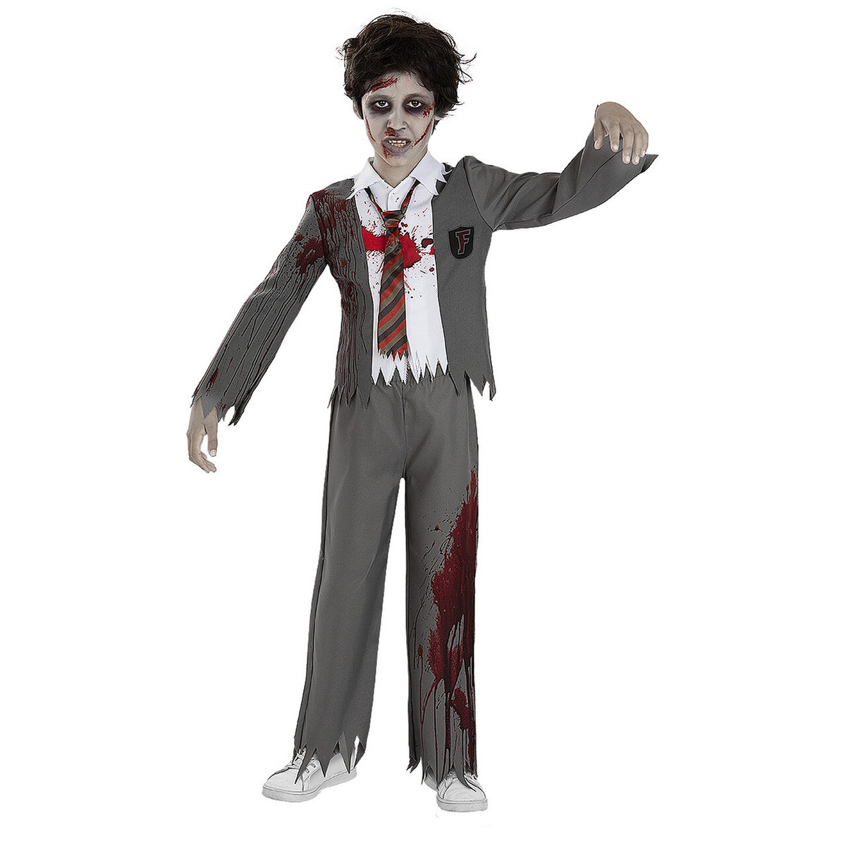 Op deze afbeelding zie je een Kostuums, van het merk Funidelia. Bloederige Zombie Scholier Jongen Kostuum