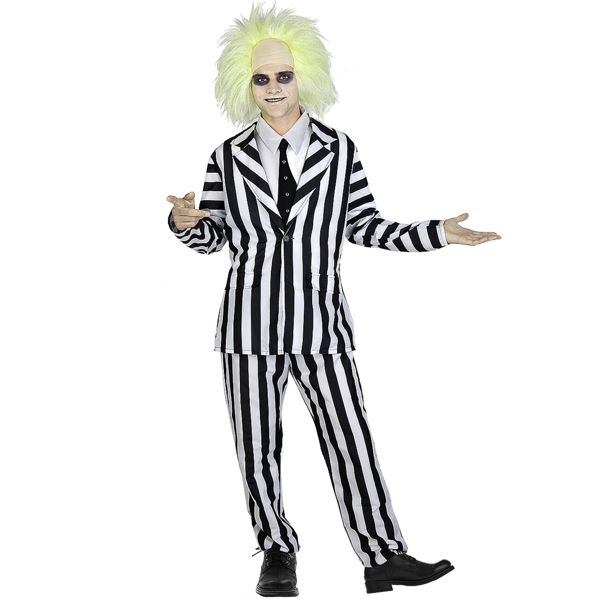 Op deze afbeelding zie je een Kostuums, van het merk Funidelia. Beetlejuice Gangster Zwart Wit Gestreept Man Kostuum