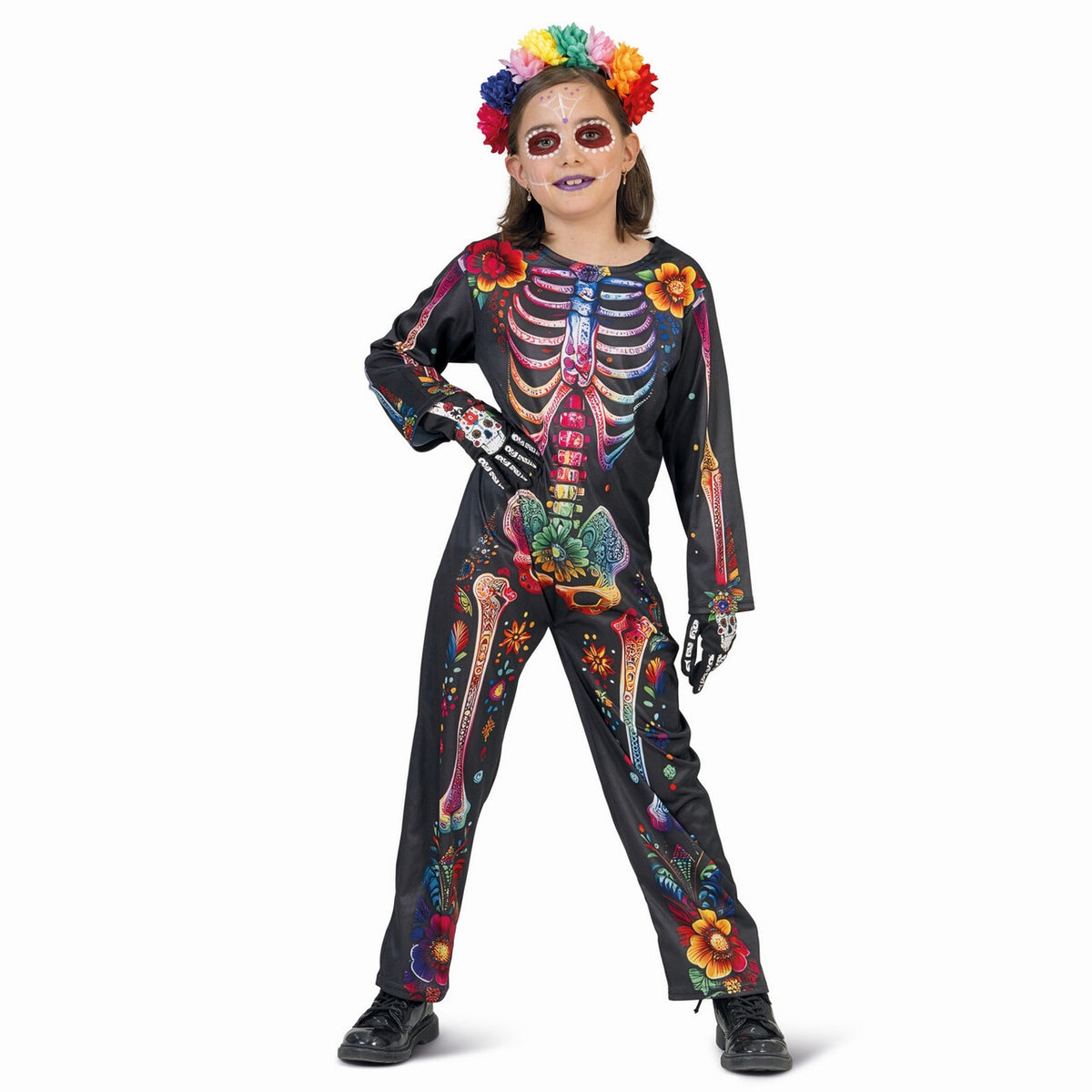 Op deze afbeelding zie je een Kostuums, van het merk Funny Fashion. Door De Regenboog Gekleurd Skelet Kind Kostuum