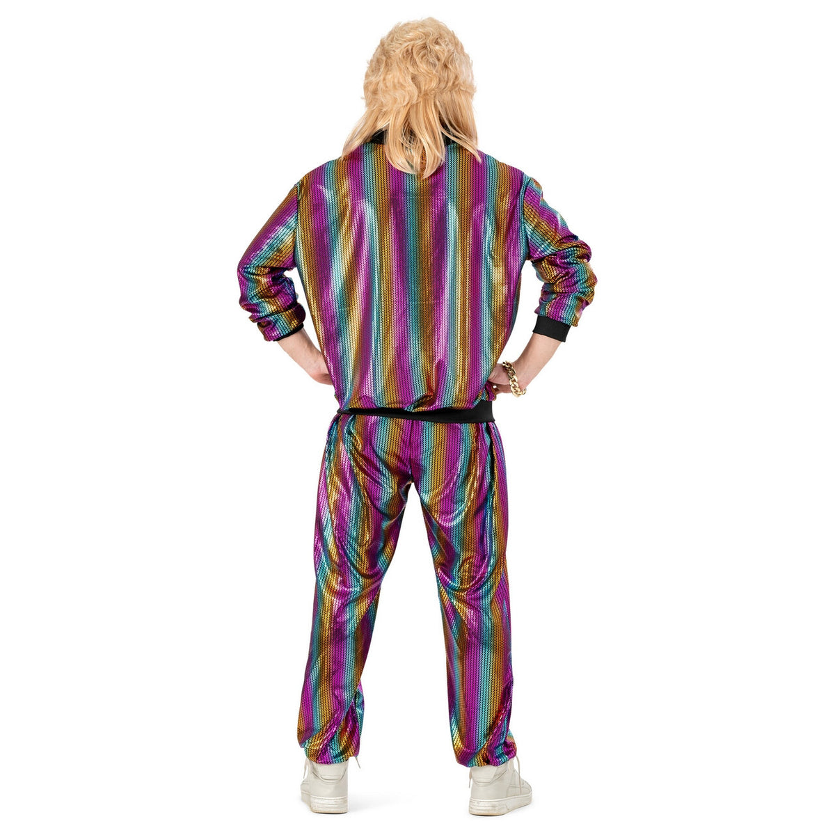Op deze afbeelding zie je een Kostuums, van het merk Funny Fashion. Rainbow Jogging Man Kostuum