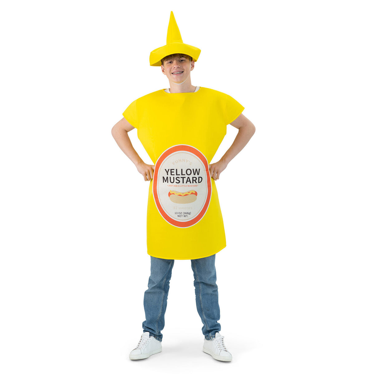 Op deze afbeelding zie je een Kostuums, van het merk Funny Fashion. Gele Mosterd Saus Kostuum