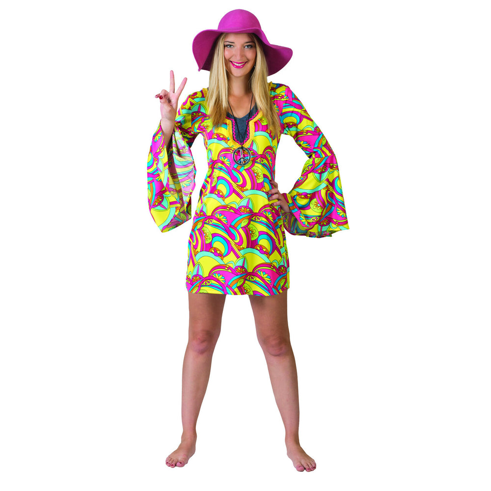 Op deze afbeelding zie je een Kostuums, van het merk Funny Fashion. Hannah De Hippie Vrouw Kostuum