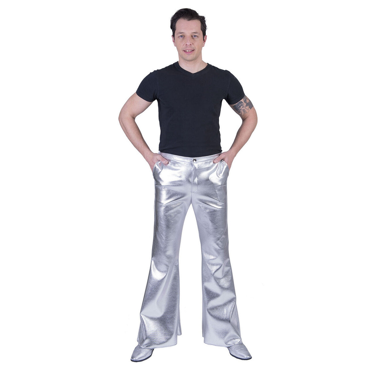 Op deze afbeelding zie je een Kostuums, van het merk Funny Fashion. Glanzend Zilveren Disco Godheid Broek Man