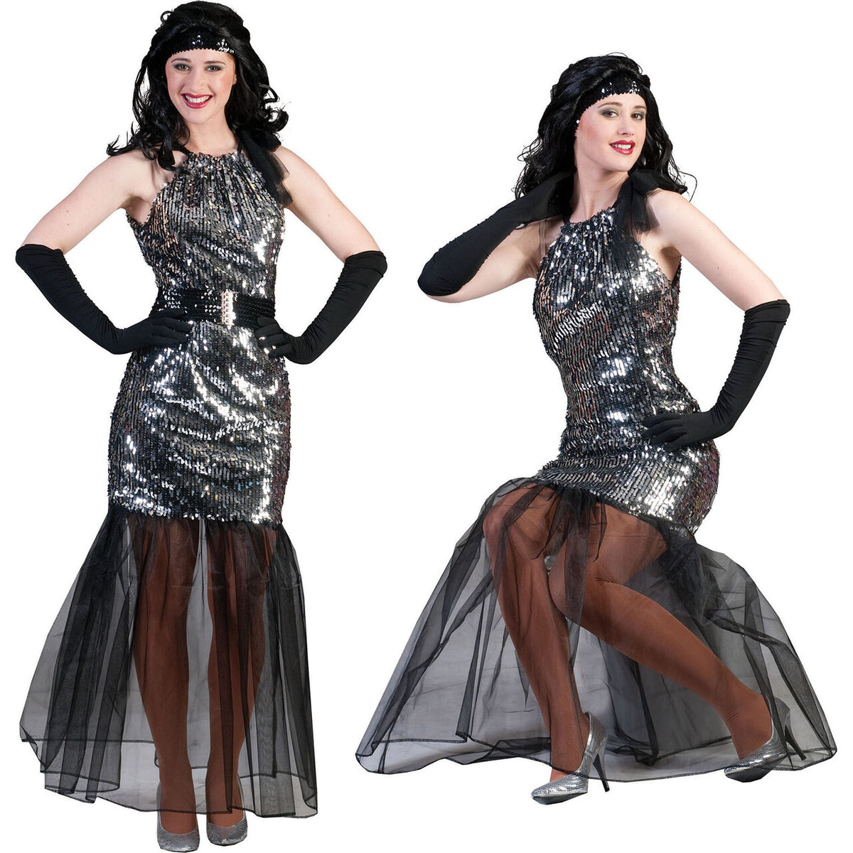 Op deze afbeelding zie je een Kostuums, van het merk Funny Fashion. Zilveren Theater Diva Vrouw Kostuum