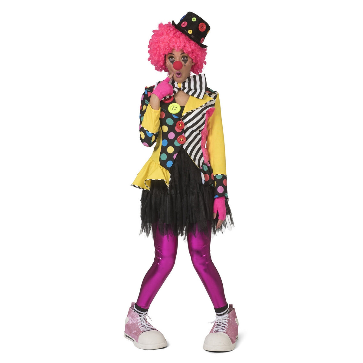 Op deze afbeelding zie je een Kostuums, van het merk Funny Fashion. Enorme Knopen Jas Clown Augustina Vrouw