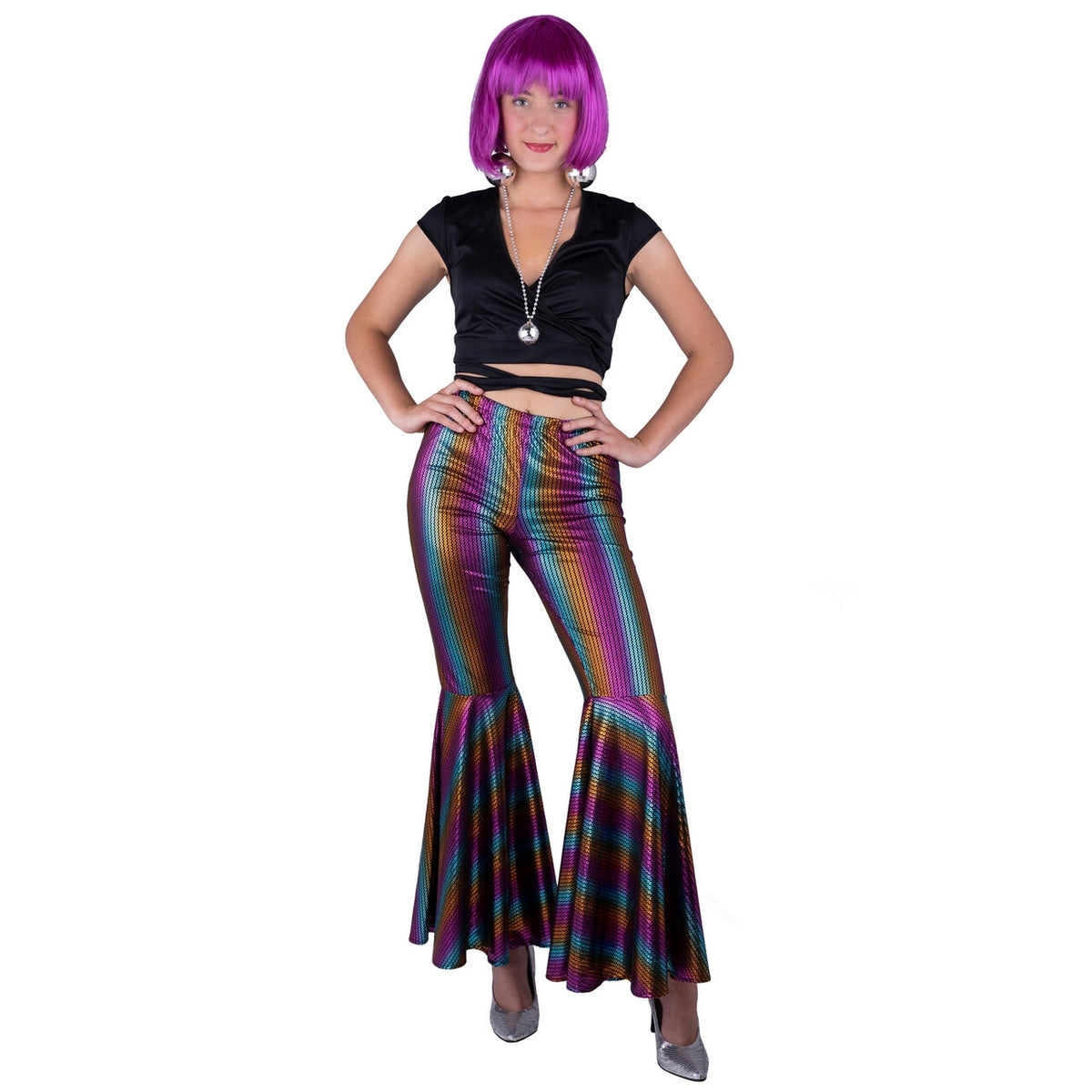 Op deze afbeelding zie je een Kostuums, van het merk Funny Fashion. Disco Striped Rainbow Brit Broek Vrouw