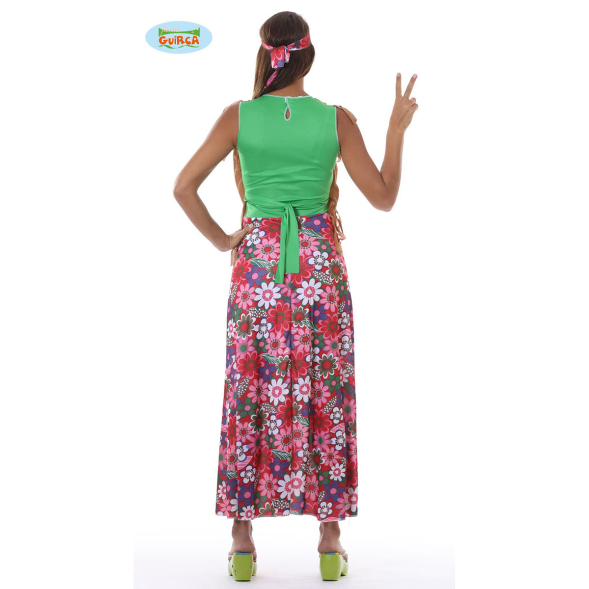 Op deze afbeelding zie je een Kostuums, van het merk Guirca. Bloemrijk Happy Hippie Vrouw Kostuum