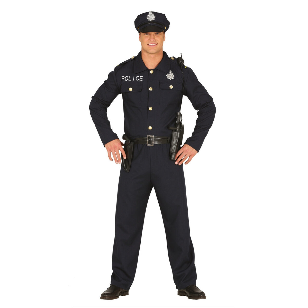 Op deze afbeelding zie je een Kostuums, van het merk Guirca. Pientere Politie Agent Zwart Man Kostuum