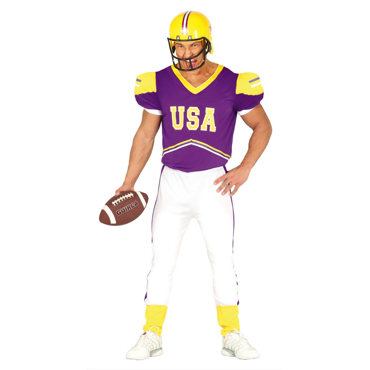 Op deze afbeelding zie je een Kostuums, van het merk Guirca. Paarse Passing Quarterback Man Kostuum