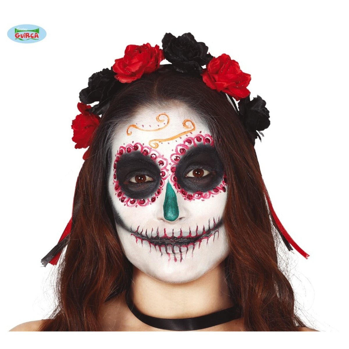 Op deze afbeelding zie je een Accessoires, van het merk Guirca. Dia De Los Muertos Hoofdband Met Zwarte En Rode Rozen
