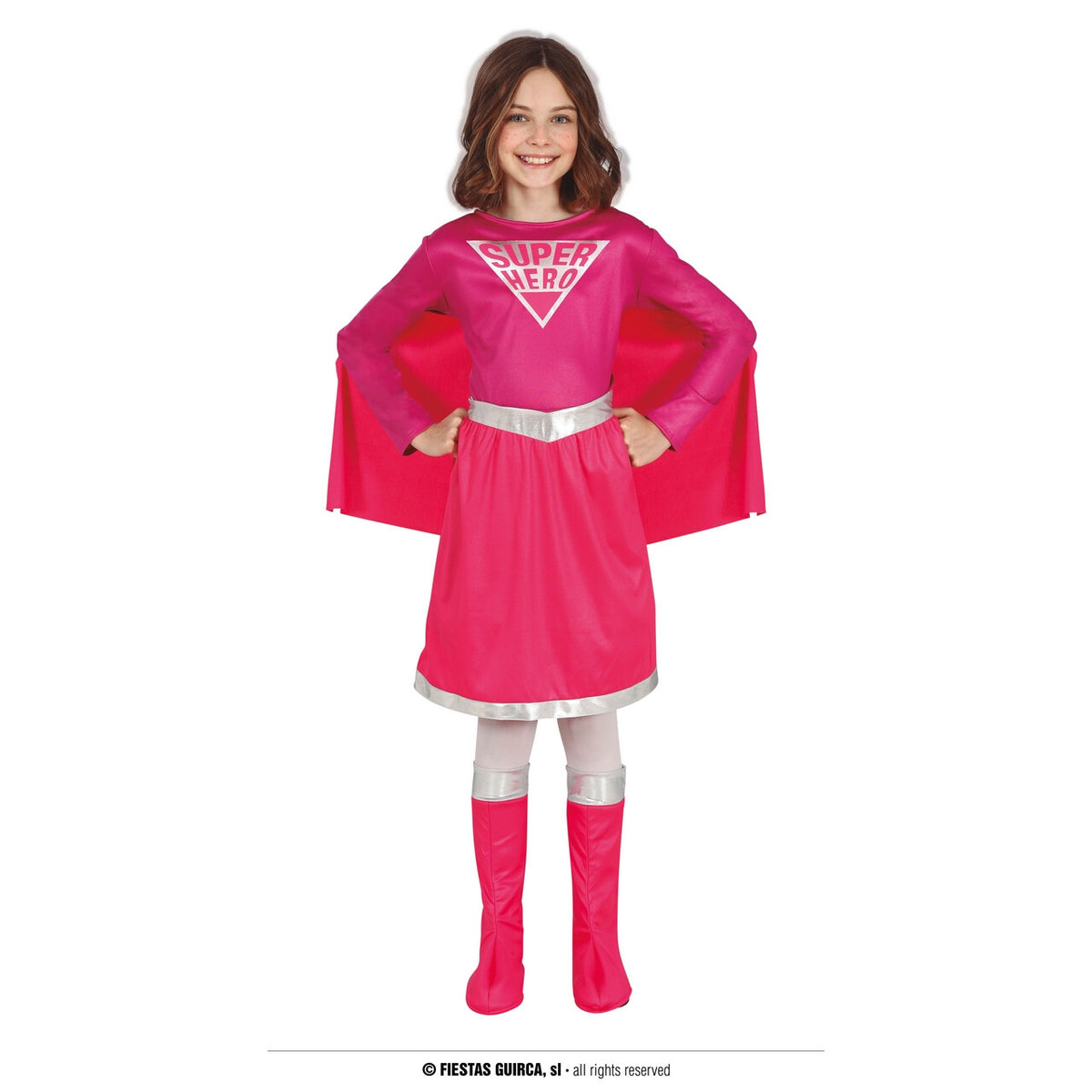 Op deze afbeelding zie je een Kostuums, van het merk Guirca. Superheldin Mega Roze Redder In Nood Meisje Kostuum