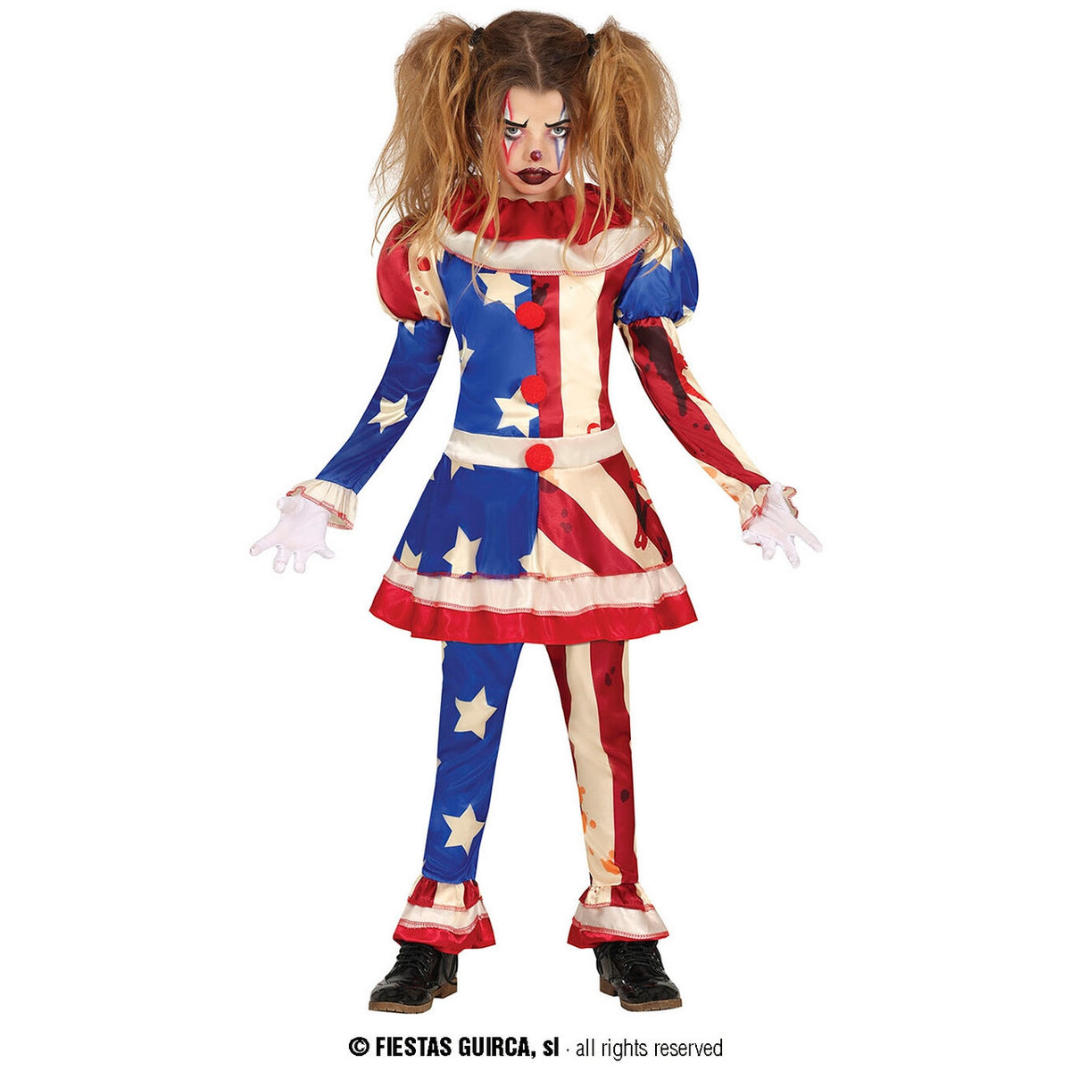 Op deze afbeelding zie je een Kostuums, van het merk Guirca. Gemene USA Horror Clown Meisje Kostuum